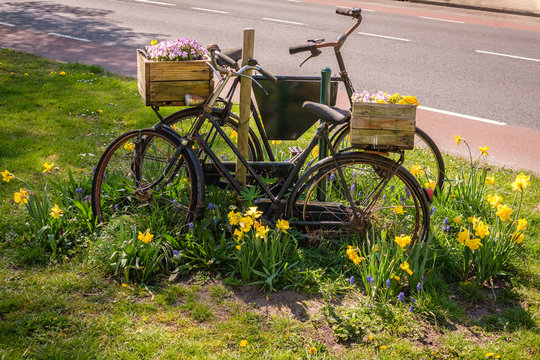 In Almelo (The Netherlands) in certain parts of the town near entrances of a neighbourhood, the cuty municipality have placed old bikes placed in flower beds with yellow tulips and bluebells.