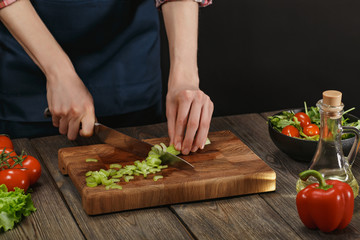 Woman cooking fresh vegetable salad. Female hands. Diet concept for healthy lifestyle with copyspace.