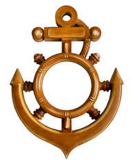 Light brown natural wood frame in view of the ship's wheel and anchor for photos, text, images or paintings isolated on a white background © Leila