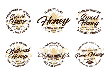 Vector honey vintage logo with bee icons for honey products, apiary and beekeeping branding and identity