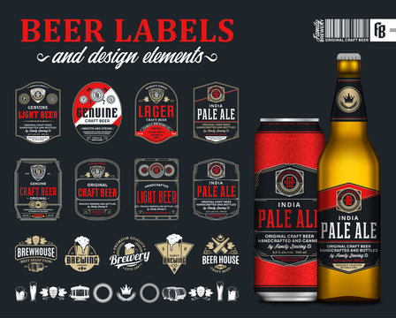 Vector black and red premium quality beer labels. Realistic glass bottle and aluminum can mockup. Brewing company branding and identity icons, badges, insignia and design elements