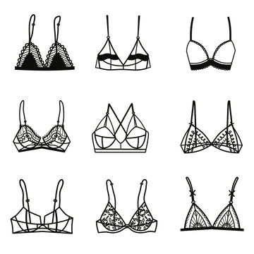 Set with different types of underwear. Bra. Balcony, bralette, classic, triangle. Lingerie. Simple vector illustration.