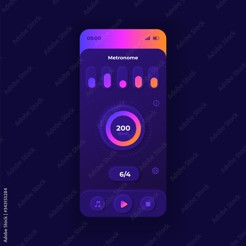 Poster metronome application smartphone interface vector template. mobile app page dark design layout. musi