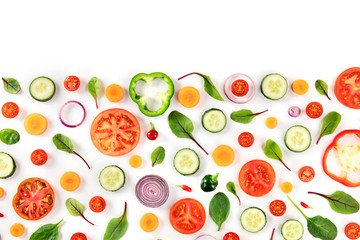 Fresh summer vegetables, a flat lay on a white background, vibrant food pattern, shot from above with copy space, a design template