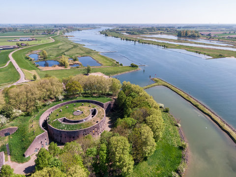 Aerial view of historic green fortress near Lek river in the Netherlands