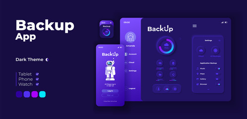 Backup app screen vector adaptive design template. Online files storage application night mode interface with flat characters. Cloud database service smartphone, tablet, smart watch cartoon UI