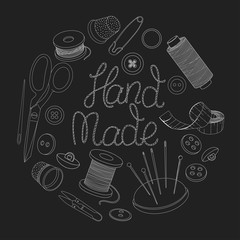 A set with creative lettering and sewing accessories are arranged in a circle. White outline on a black background.