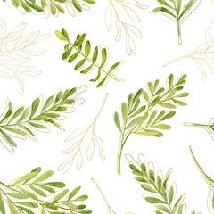Watercolor tea tree leaves with golden contour seamless pattern. Hand drawn illustration of Melaleuca. Green plant isolated on white background. Herb for cosmetics, package, textile, card, decoration.