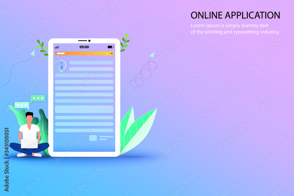 Aufkleber online application concept, a young man is searching in the internet by using laptop to find a cours