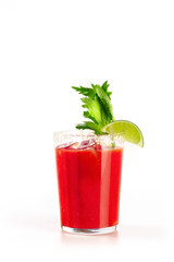 Bloody Mary cocktail on a white background. Tomato juice, lime, and celery, side view