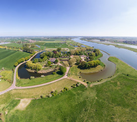 Aerial view of historic green fortress near Lek river in the Netherlands