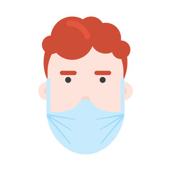 Person wearing breathing mask. Healthcare protection. Human character design. Man. Red hair. Vector. Sickness prevention. Campaign. Advice on protective respiratory mask. Covid-19. Avoid virus.