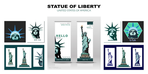 Statue of Liberty design template set. Banner, geometric multicolored flat design. New York. Booklet, album poster. Name of the Annual Report Ad Text. X-banner. Information banner, vector illustration © VASYL