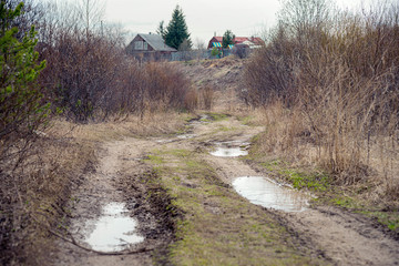 A country lane with puddles in the spring