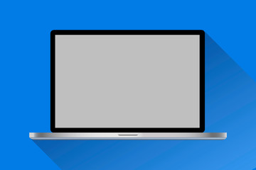 Realistic laptop of a leading company on a blue background with a gray screen. Ultra thin gray laptop in mockup style. Vector graphics. Stock Photo.