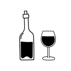 Vector doodle bottle and glass of wine. Cooking, kitchen utensils, home elements. hand illustration isolated on white background.