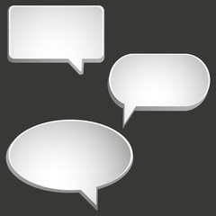 Chat icons of different shapes in metallic color on a black background. Speech icons are diverse and unique in three pieces. Simple people dialogue icons. Vector graphics. Stock Photo.
