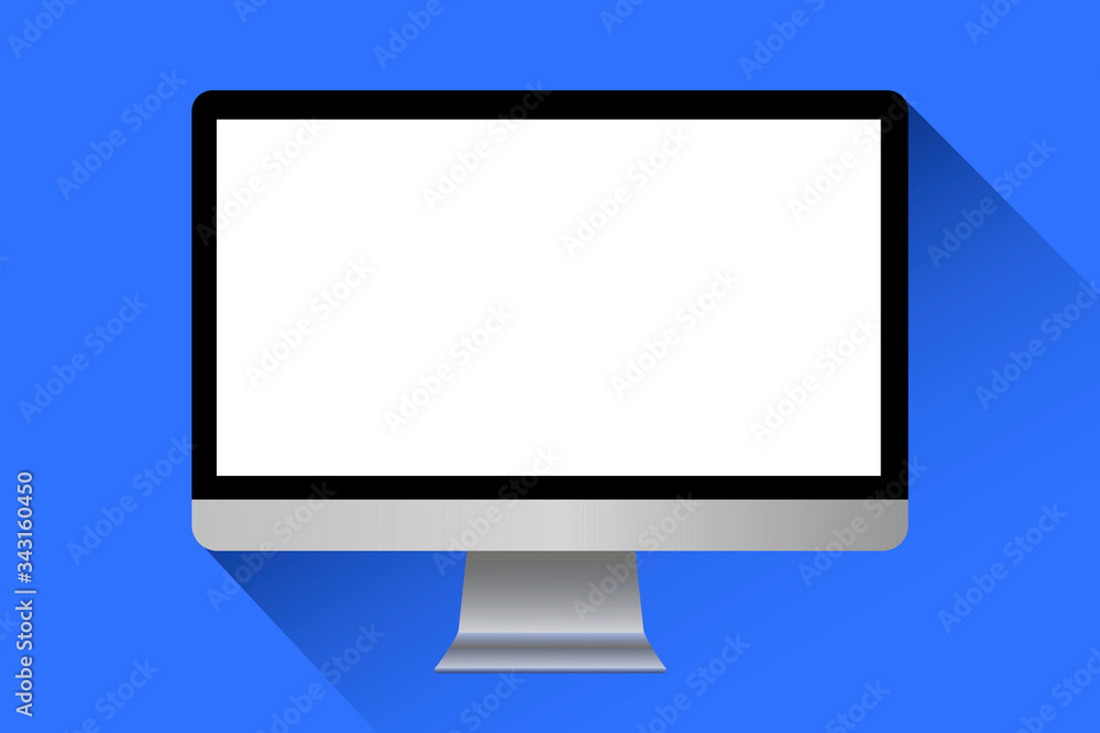 Poster the newest monitor model on a blue background. gray monitor with a black frame. the monitor of a lea