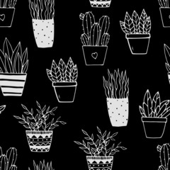 Seamless pattern of hand drawn doodle home plants. Illustration in doodle style for wedding decoration, card, greeting, print and other floral vintage design.