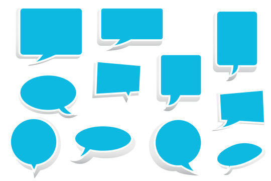 Chat icons of various shapes in blue with a white stroke. Speech icons are diverse and unique. People dialogue icons in cartoon style. Vector graphics. Stock Photo.