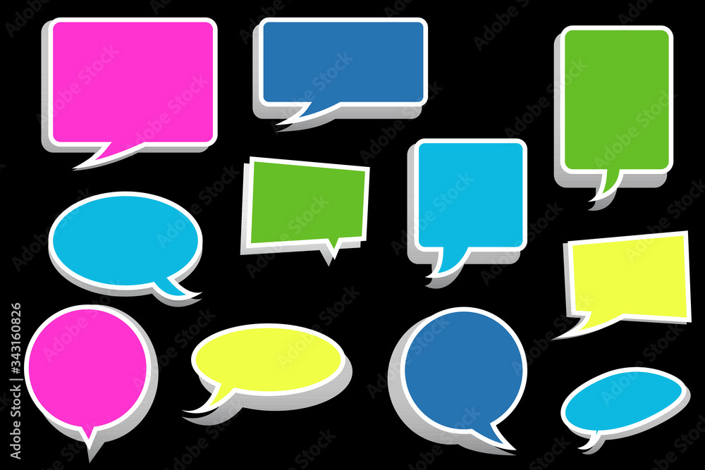 Poster volumetric chat icons of different shapes and colors on a black background. speech icons are diverse