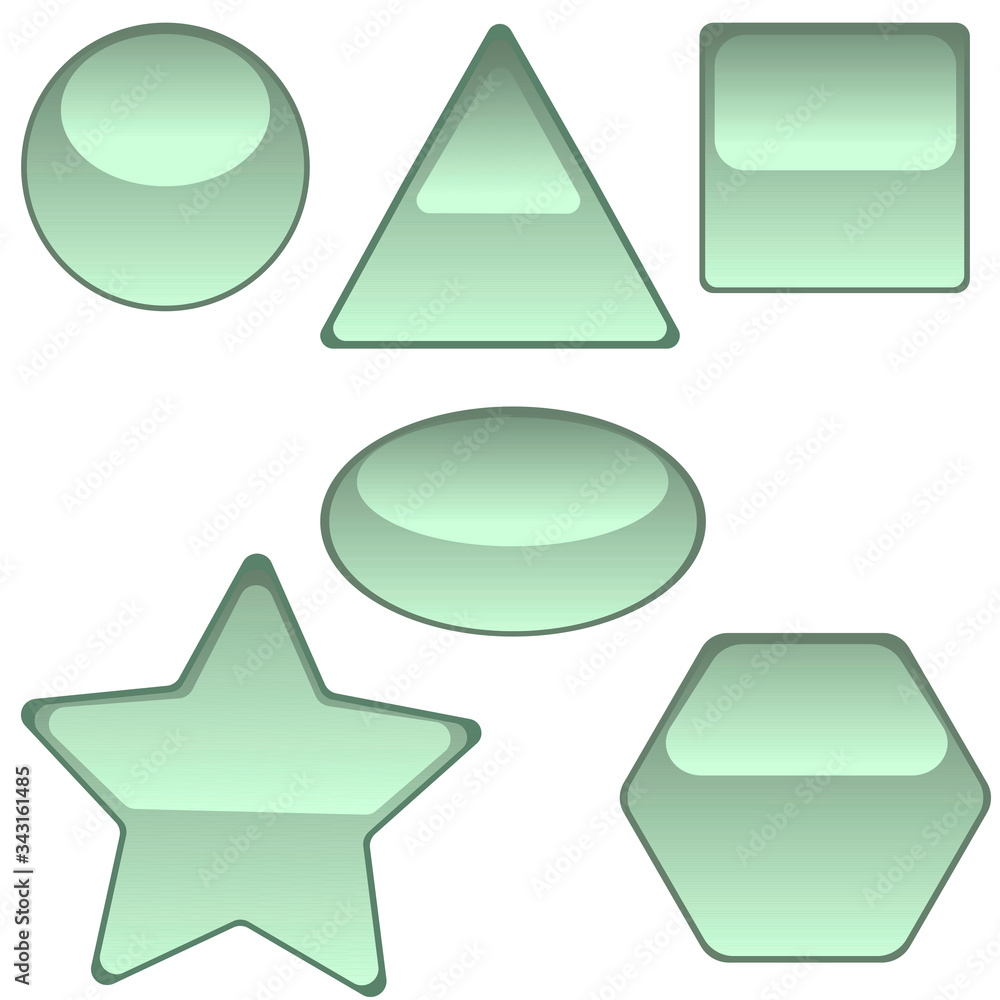 Poster light green volumetric buttons of saturated color with a mirror effect. buttons of different shapes 