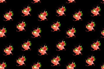 seamless pattern strawberries in red juice splash on a black background