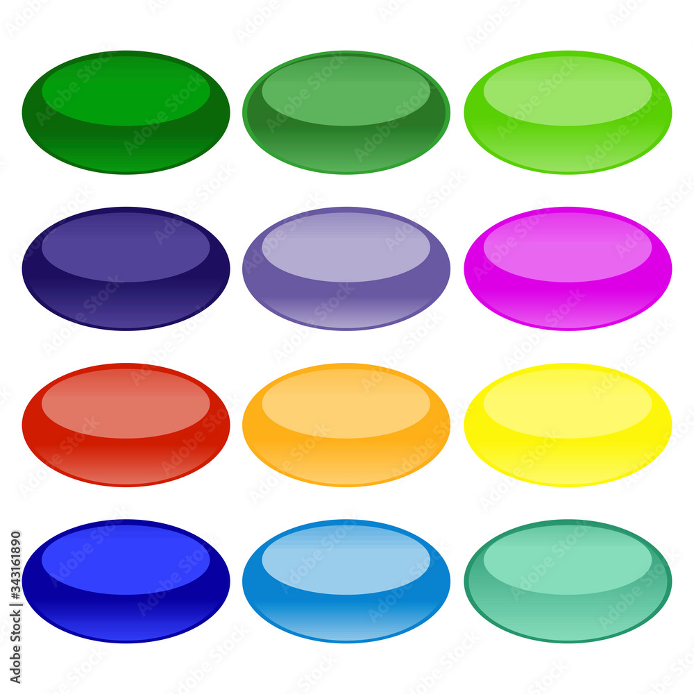 Aufkleber buttons of different, saturated colors in the form of an oval with a mirror effect on a white backgr