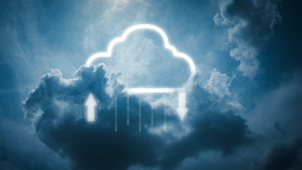 data storage technology concepts. Clouds and cloud icons that are currently downloading and uploading data.