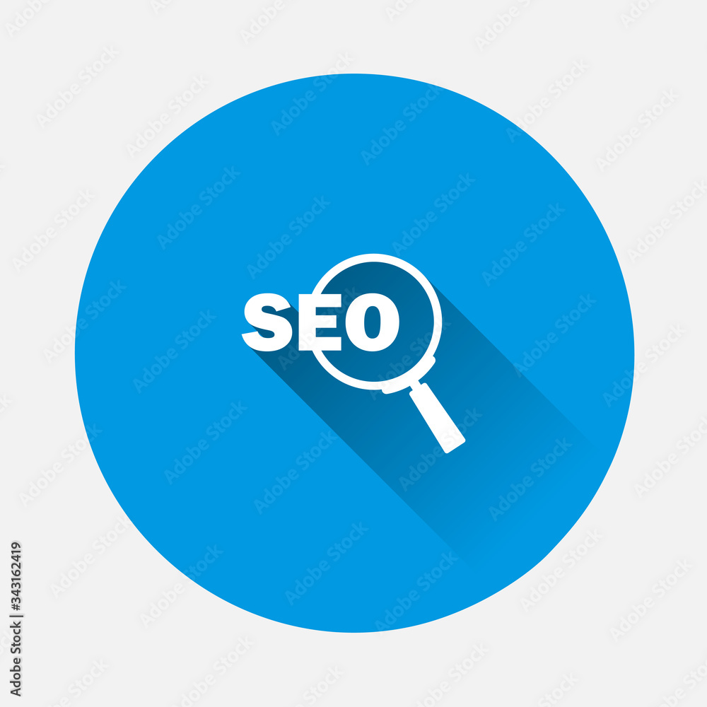 Poster seo magnifier icon on blue background. flat image with long shadow. layers grouped for easy editing 
