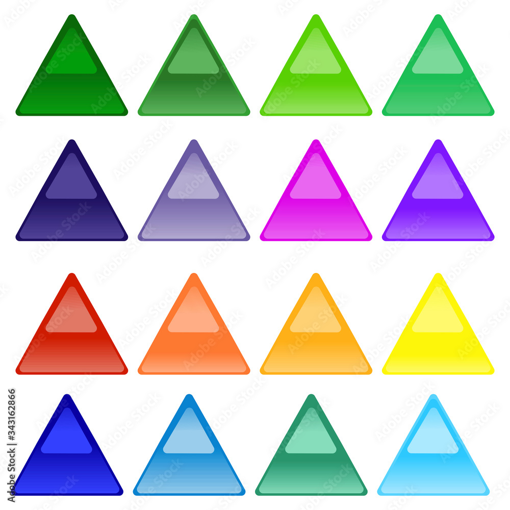 Poster buttons of different, saturated colors in the shape of a triangle with a mirror effect. multi-colore