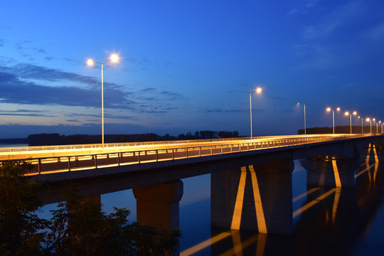 Pupin Bridge over the Danube. Blue orange color in the photo