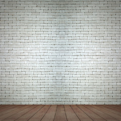 room interior vintage with white brick wall and wood floor background
