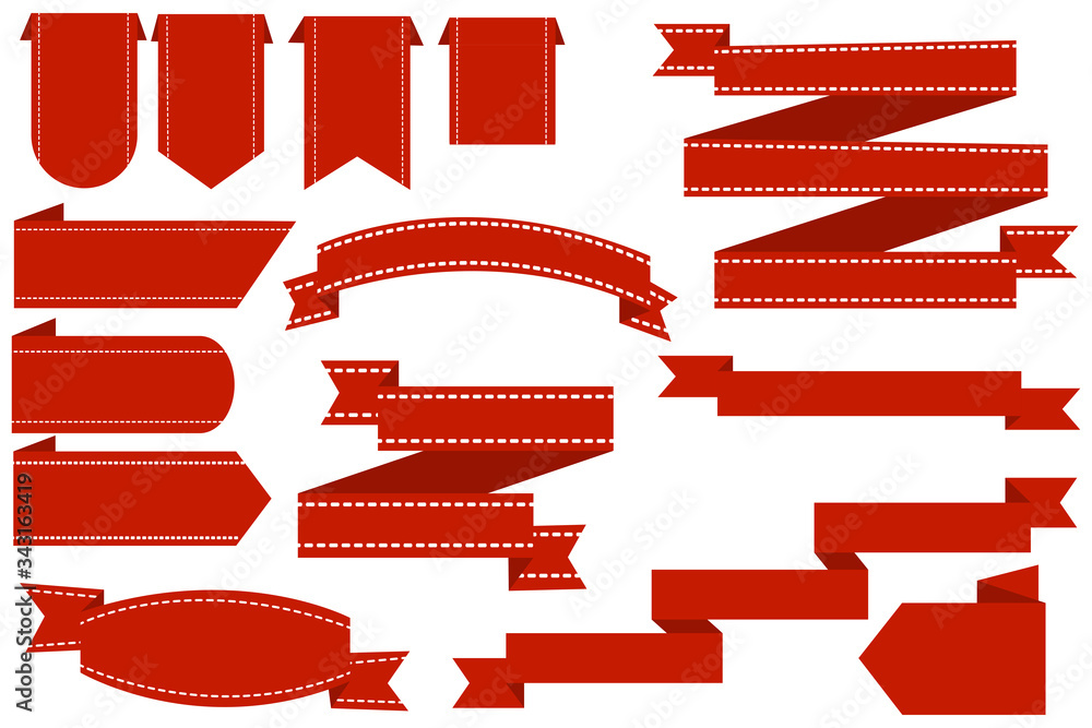 Poster ribbons of different sizes and shapes in red with a white dashed seam around the edges on a white ba