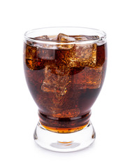 Cola in glass with ice cubes on white background