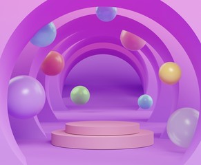 3d abstract minimalist geometric forms. Pastel gradients luxury podium for your design with various color of ball. Fashion show stage,pedestal, shopfront with colorful theme.