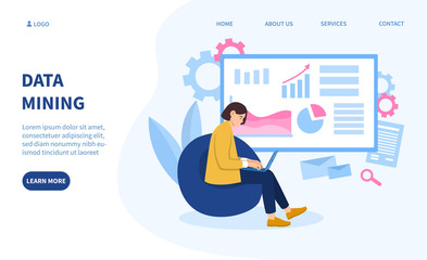 Data Mining concept with woman working on a laptop screen showing charts and graphs analysing large pre-existing databases in order to generate new information.