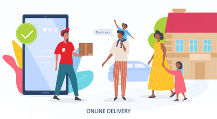 Delivery of an online order to a young black urban family by a delivery man walking in front of a mobile phone with app, colored vector illustration
