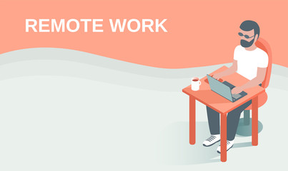 A young man is working remotely with a laptop. Sits at a table with a cup of coffee. Place for text. Vector isometric illustration.