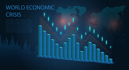 World Economic Crisis with stacked coins mirroring the data on an electronic point graph plummeting towards zero in blue tones, vector illustration
