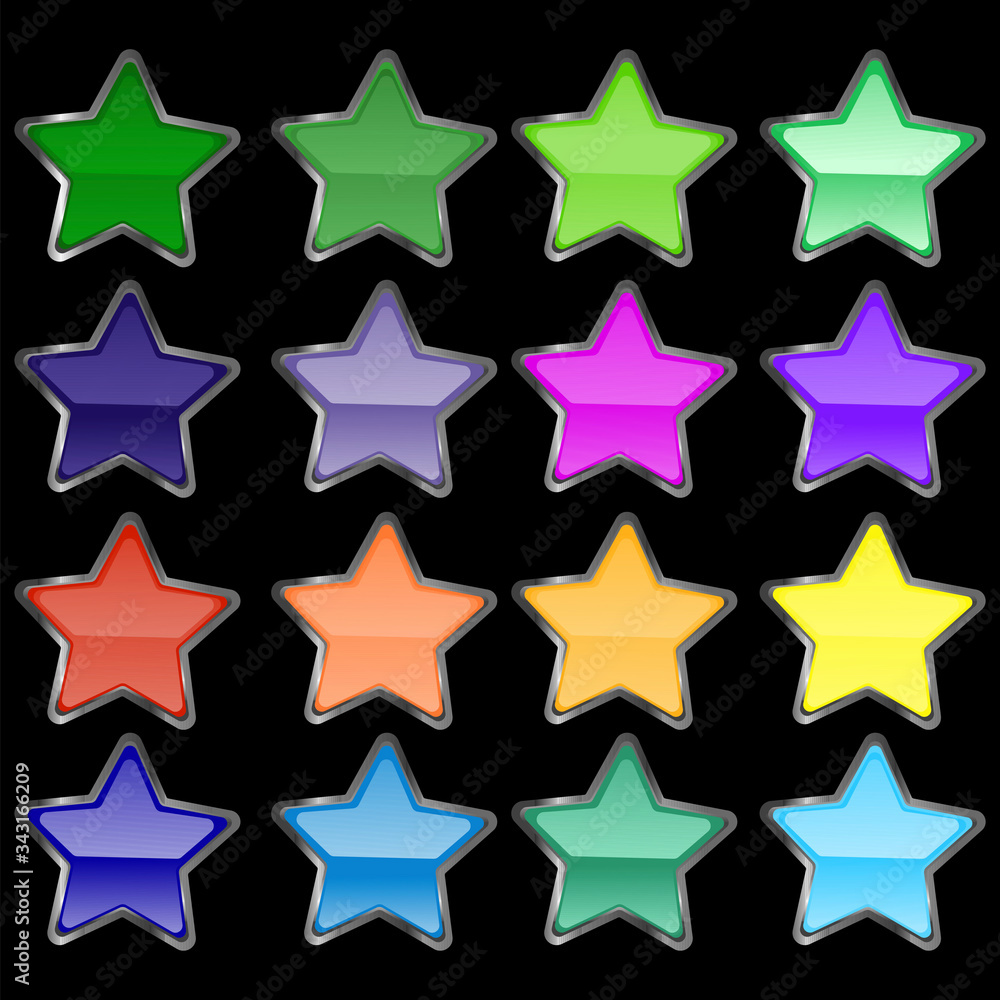Poster buttons in the form of stars of different bright, saturated colors with a gray stroke. buttons in th