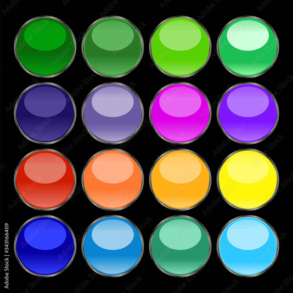Aufkleber buttons of different, saturated colors in the shape of a ball with a mirror effect on a black backgr