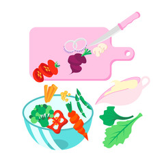 Fresh meal flying into a glass bowl, cooking fast food. Prepering salad with sliced vegetables on cut board with knife, sauce in gravy boat. Cooking food for vegan, veganize meal. Vegetarian, veggie