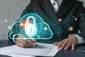 Businesswoman sign contract and lock drawing. Concept of security of information and business data. double exposure