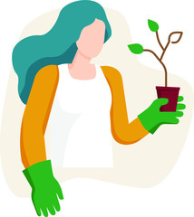 Woman with flowerpot with green plant, vector illustration