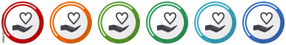 Poster care love icon set, flat design vector illustration in 6 colors options for webdesign and mobile app