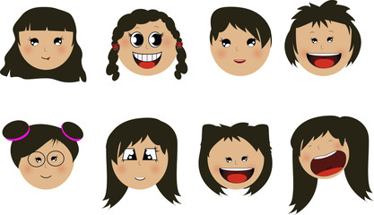 Vector illustration of happy and cheerful girls with dark hair cartoon faces on white background