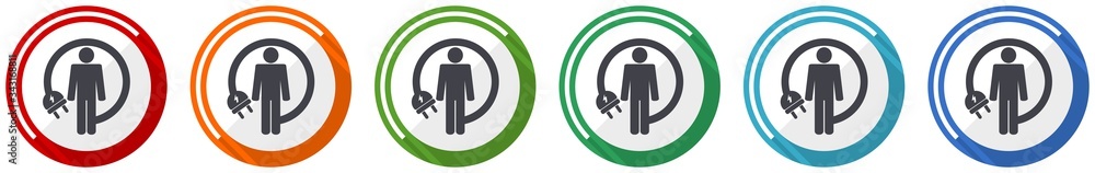 Poster Android charging wire icon set, humanoid robot flat design vector illustration in 6 colors options for webdesign and mobile applications