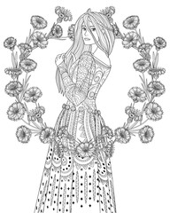 Coloring book for adults with beautiful medieval princess and a wreath of cornflowers