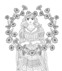 Coloring book for adults with beautiful medieval princess and a wreath of cornflowers